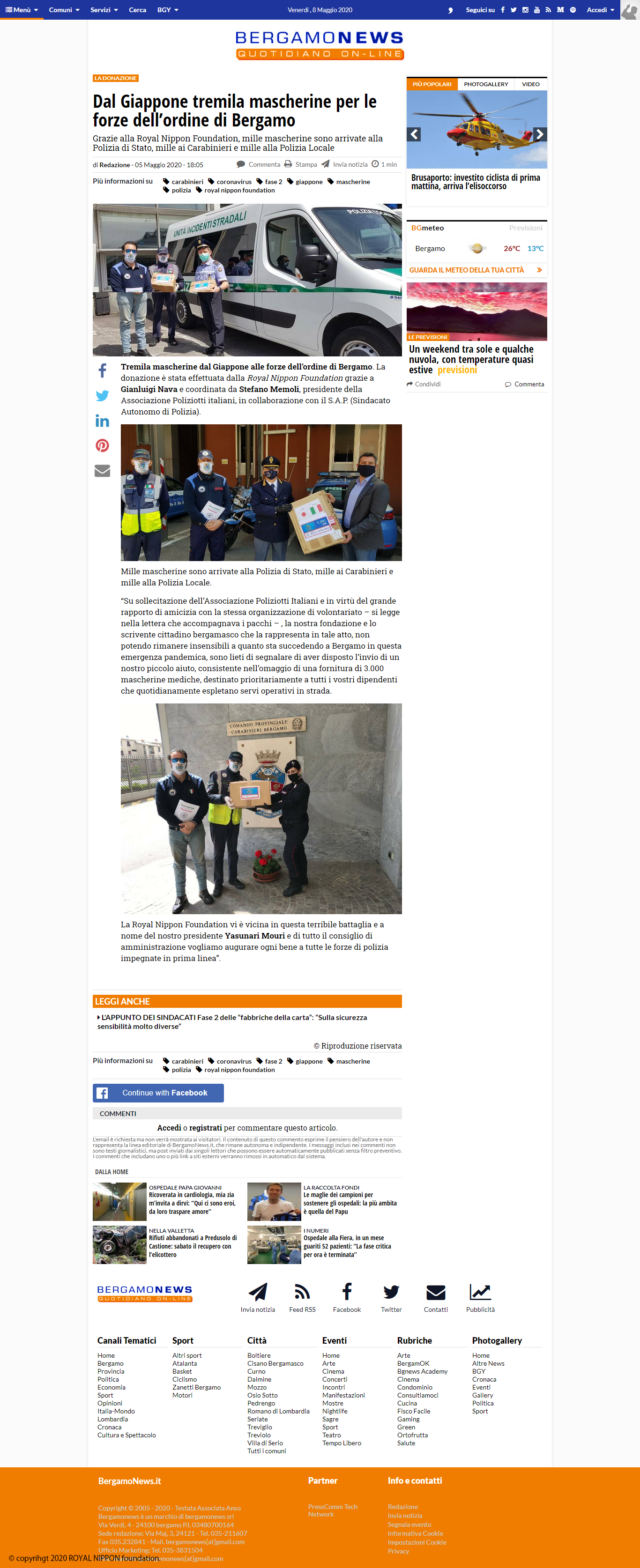 コロナウィルス感染予防支援活動がイタリア現地新聞記事・ニュースに掲載されました。(2020年 4月)