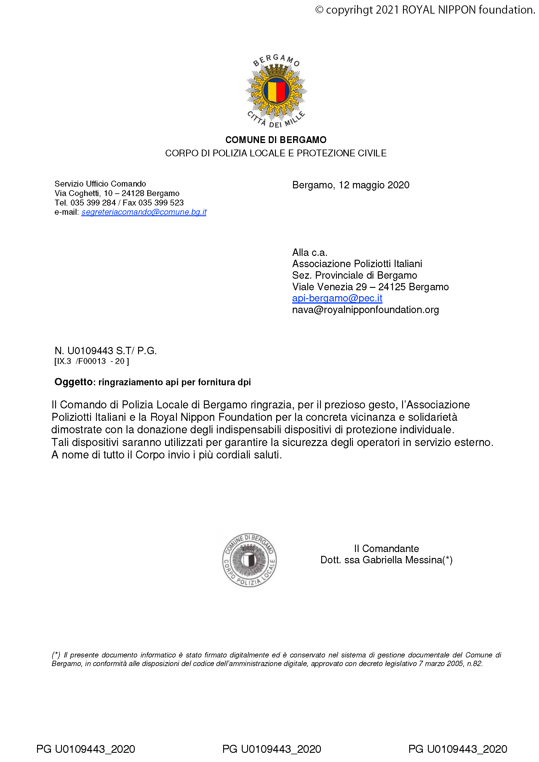 イタリア警察協会、ベルガモ市警察、軍警察より、寄付活動への感謝状を授与されました。