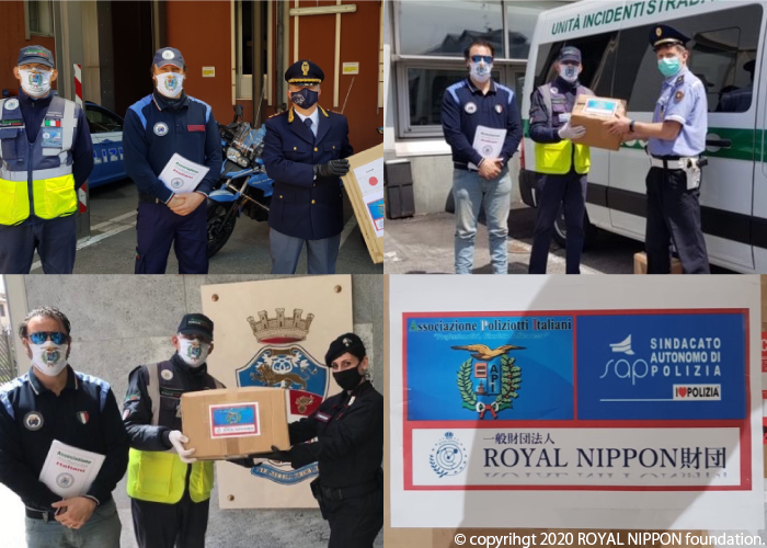 イタリア警察協会を通じて、ベルガモ市警察、軍警察、国家警察へそれぞれマスクを寄付しました。